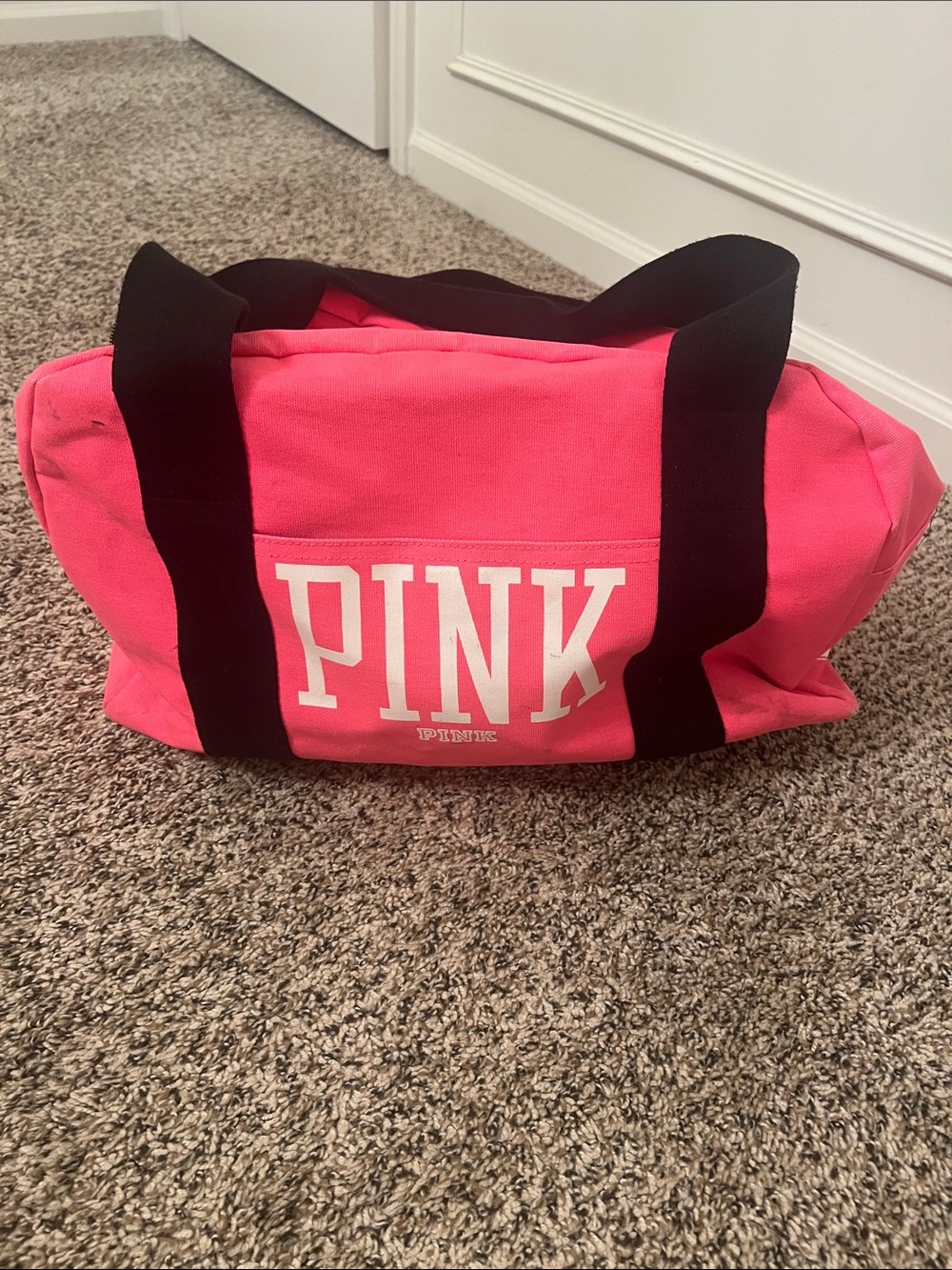 PINK Victoria's Secret Bright Pink Canvas Travel Tote with Black Straps